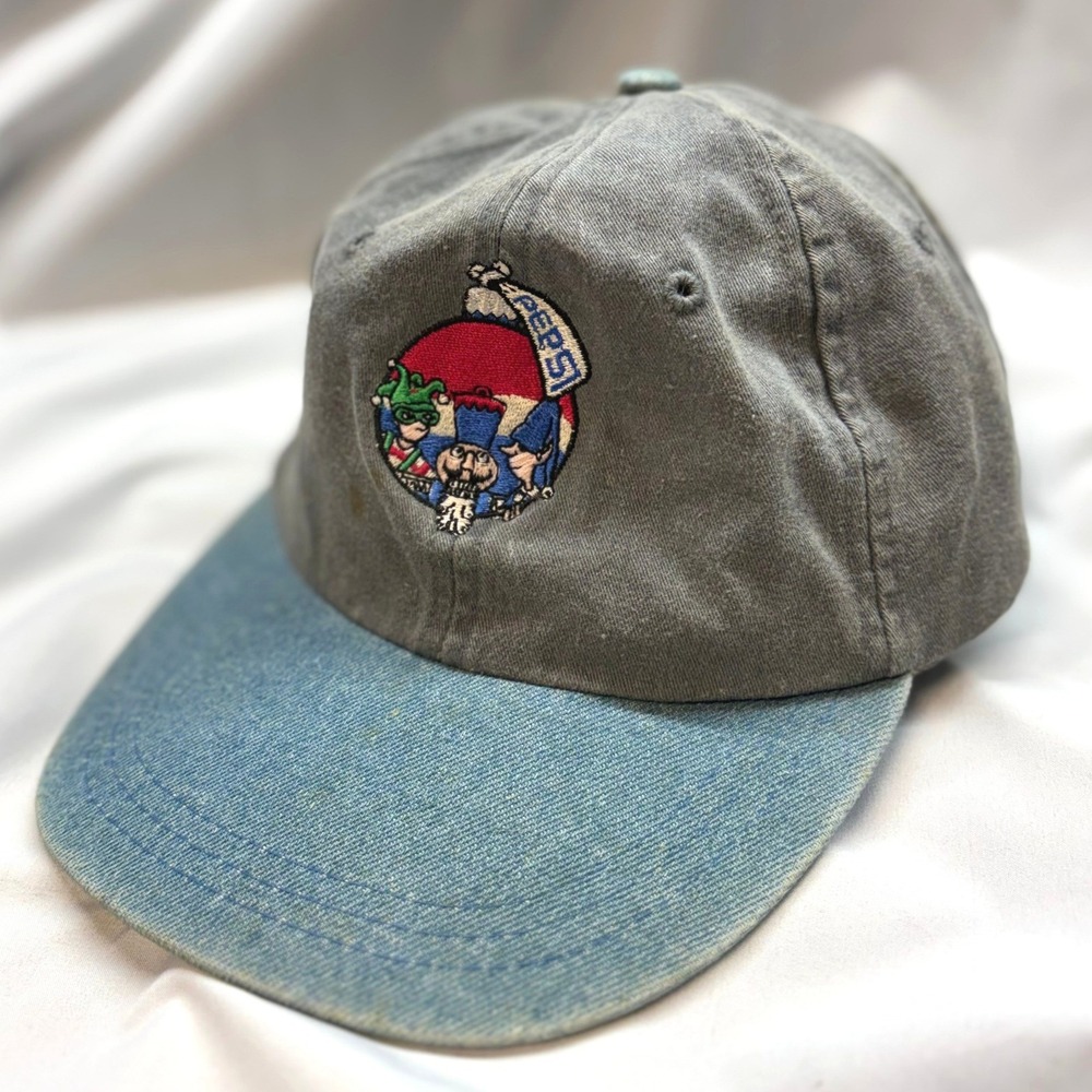 Adams Pepsi Hat Adult OSFA Grey Blue Fair Vintage 90s Denim Brim Strapback
